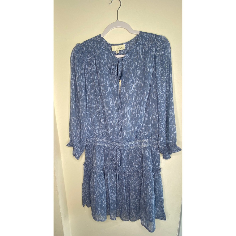 Pinch Blue White Printed‎ Long Sleeve Mini Dress Smocked Waist Tiered Ruffle L
